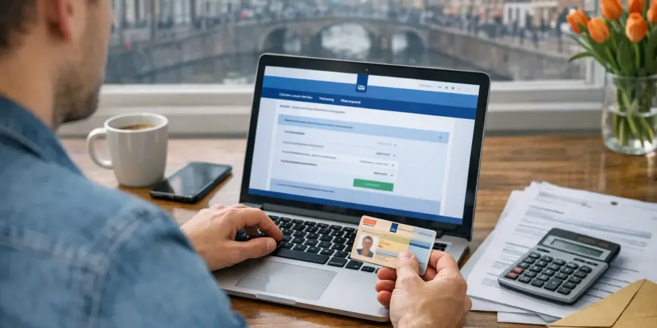 Man regelt zwrot ubezpieczenia holandia online, met identiteitskaart en laptop.