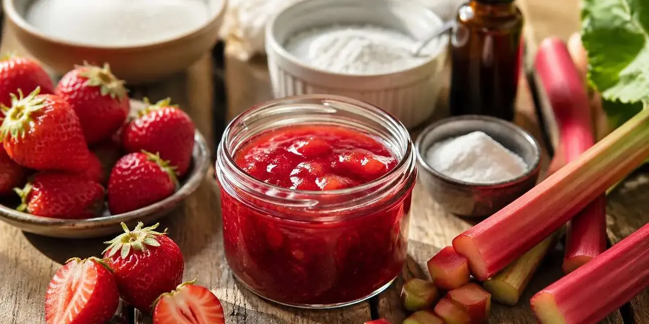 Erdbeeren und Rhabarber: welche Frucht passt zu Rhabarber? Hier ist die Antwort: Erdbeeren! Zutaten für Marmelade.