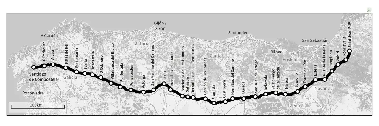 Mappa del cammino di Santiago italiano, con tappe da Santiago de Compostela a Saint Jean PdP.