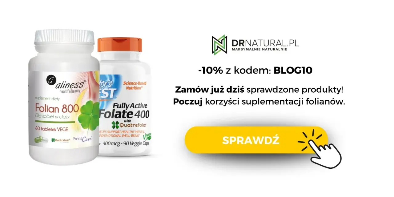 Dwa suplementy diety z witaminą B9 (folianem): Aliness Folian 800 dla kobiet w ciąży i Doctor's Best Fully Active Folate 400.