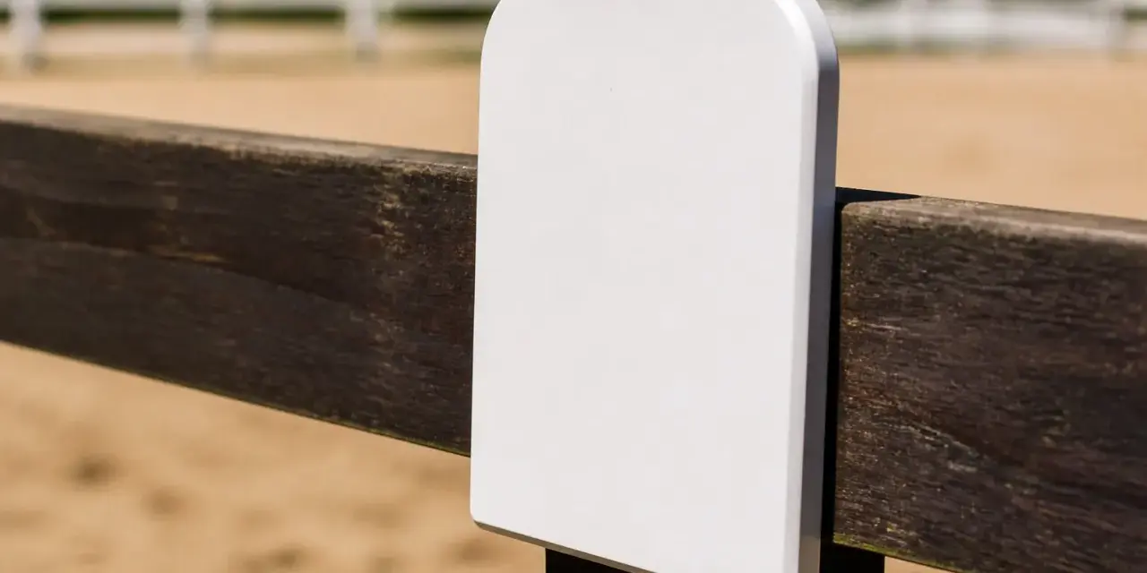 Un panneau blanc vierge sur une clôture en bois dans une carrière de dressage.