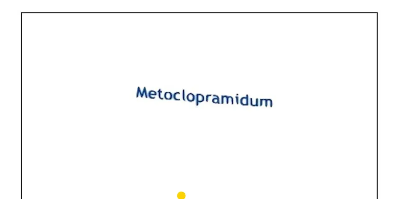 Napis "Metoclopramidum" na białym tle. Symbolizuje lek Metoclopramidum Polpharma.