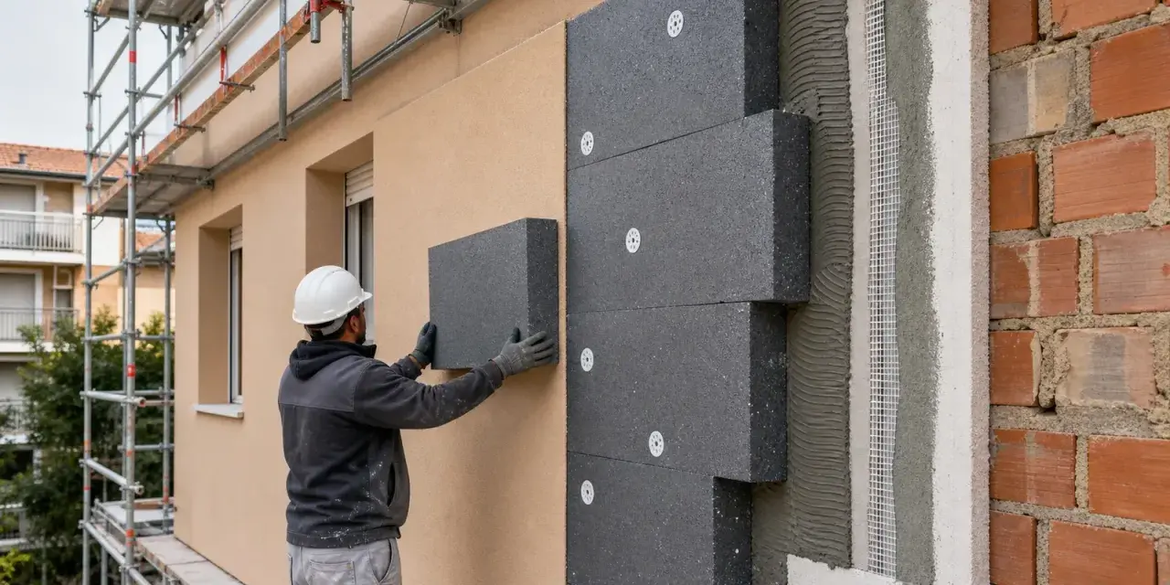 Operaio applica pannelli isolanti per il cappotto casa. Lavori di ristrutturazione in corso.