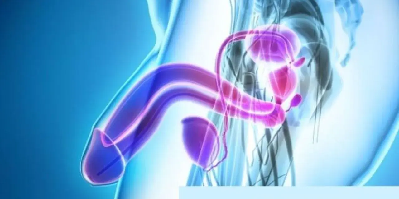 Anatomical illustration showing male reproductive organs. The image highlights the penis and prostate, suggesting a discussion about stulejka u dorosłego.
