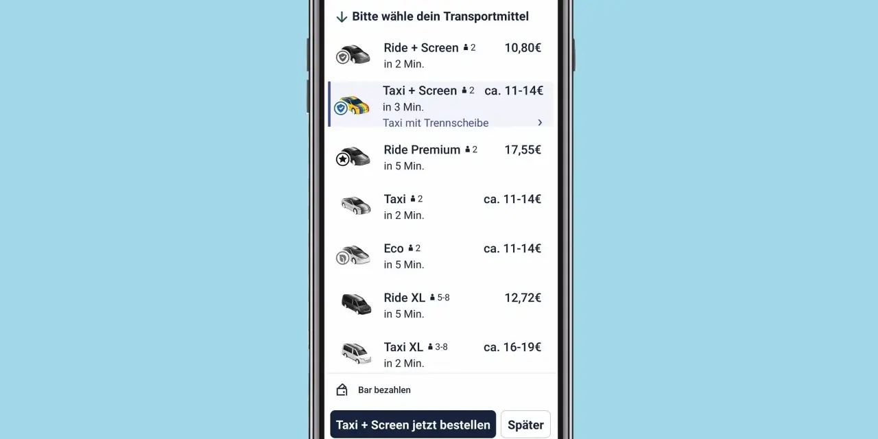 Fahrtoptionen auf einem Smartphone, ähnlich wie bei Uber, mit verschiedenen Taxis und Rides, die für eine Reise nach Italien zur Verfügung stehen.
