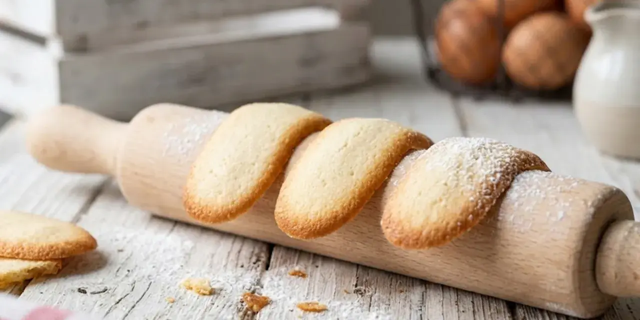 Biscotti a forma di lingue di gatto, spolverati di zucchero a velo, adagiati su un matterello di legno.