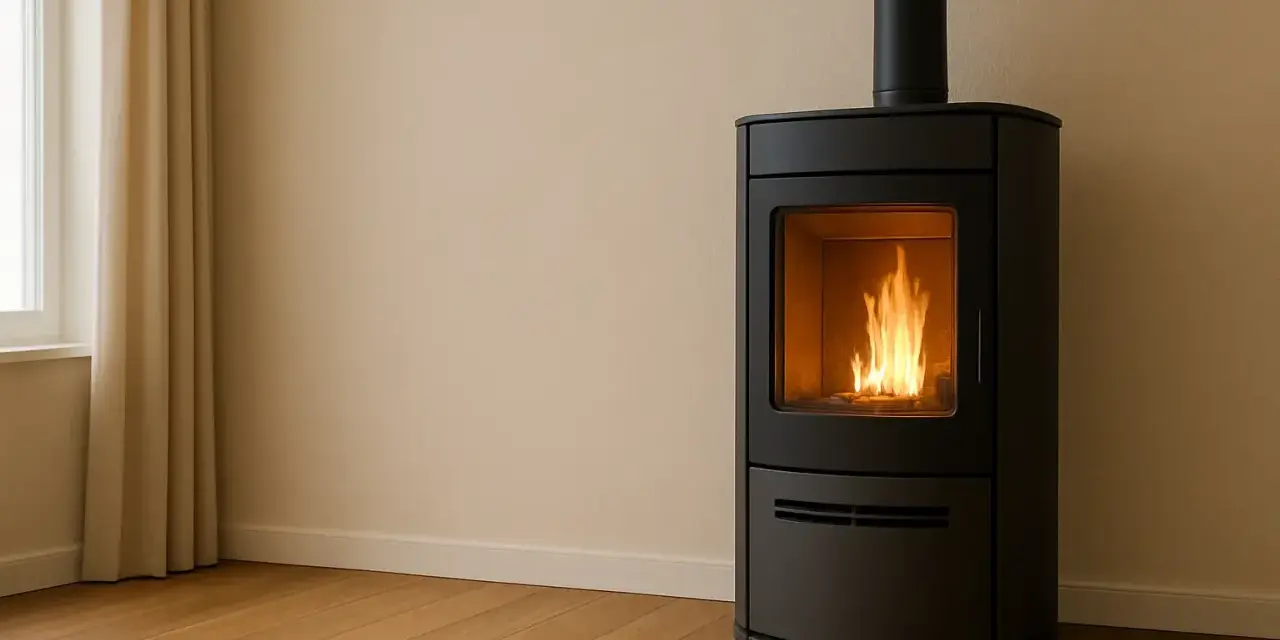 Stufa a pellet moderna con fiamme vive, un vero bonus per un ambiente caldo e accogliente.