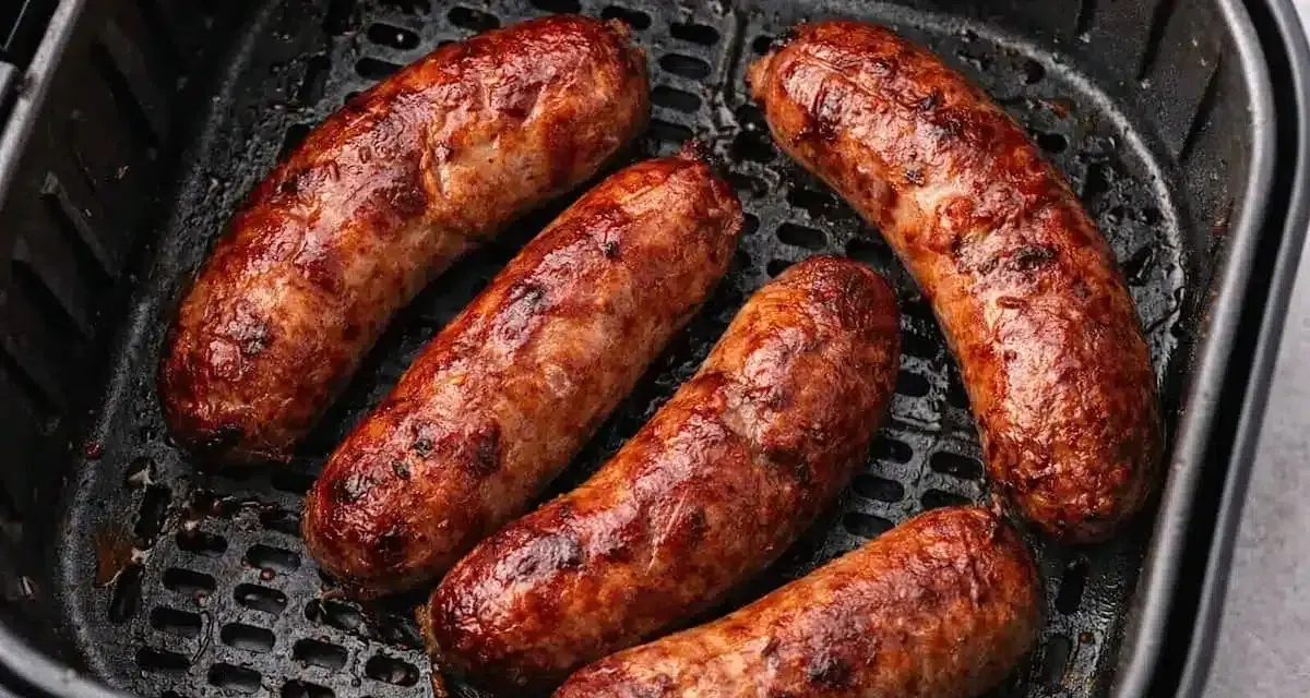 Salsiccia dorata e succulenta in friggitrice ad aria, pronta per essere gustata.