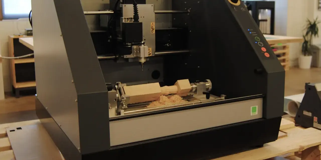 Macchina CNC in azione, che mostra come fresare il legno con trapano, creando trucioli di legno.
