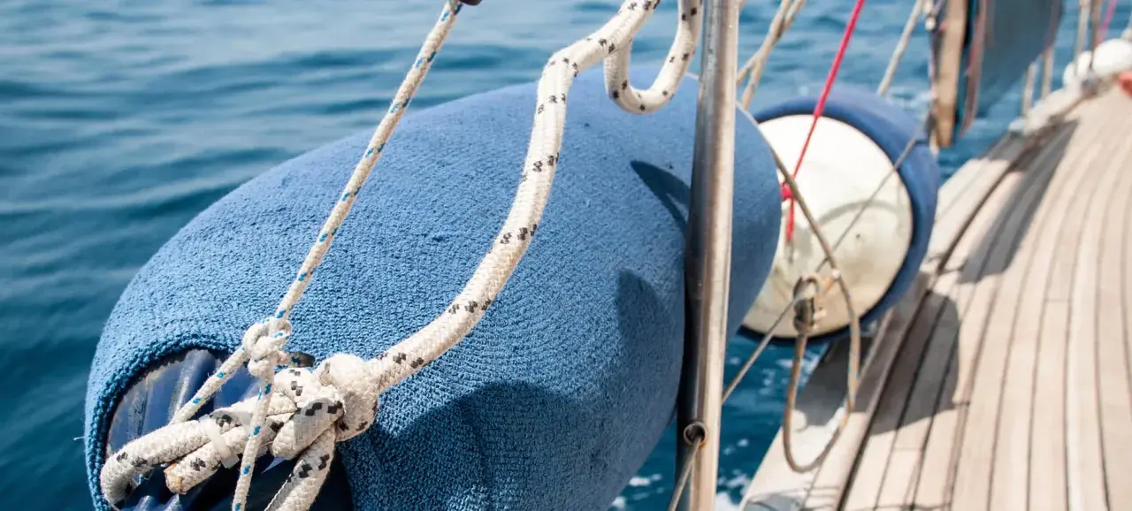 Blauer Fender am Boot befestigen mit Seilen. Das Boot gleitet auf dem blauen Meer.