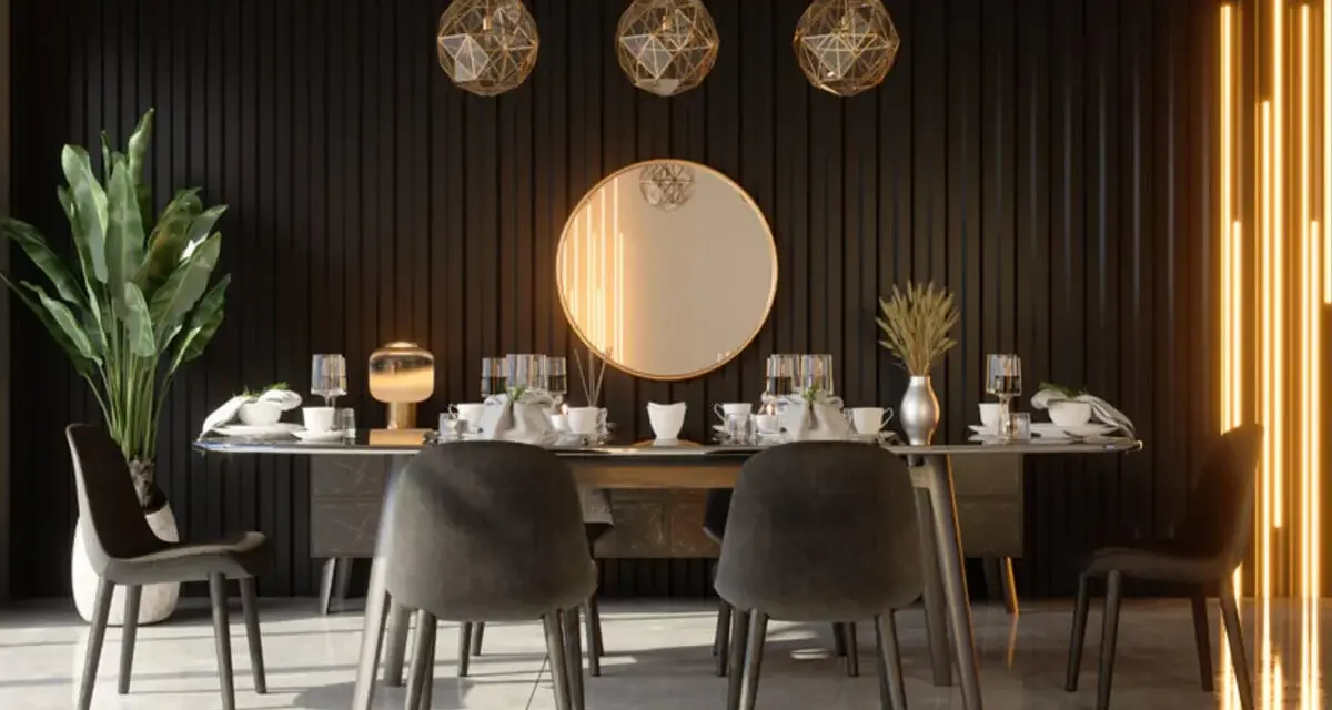 Moderne Esszimmer Wand Ideen: Dunkle Lamellenwand, goldene Pendelleuchten, Spiegel und leuchtende Akzente.