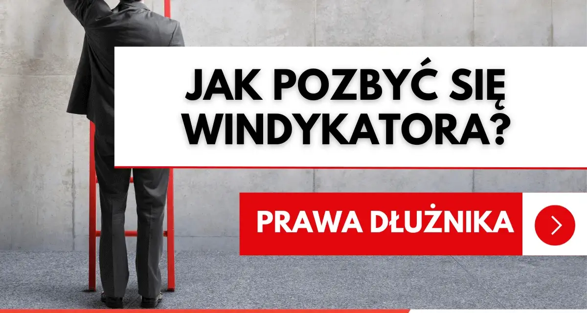 Mężczyzna w garniturze stoi przed drabiną, zastanawiając się, jak uwolnić się od firmy windykacyjnej. Tekst: "Jak pozbyć się windykatora?".