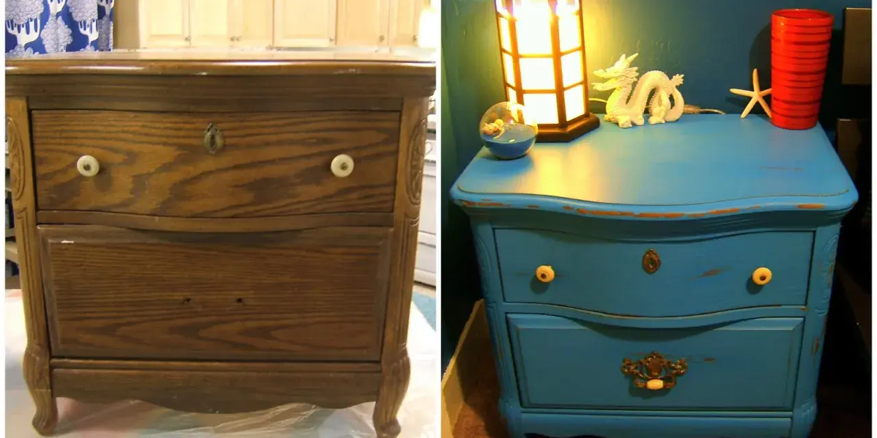 Antes y después de pintar mesita de noche con chalk paint azul. Un dragón blanco decora la superficie.