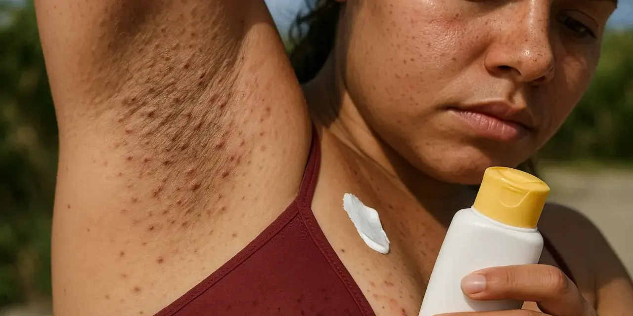 Axila con vellos incipientes y granitos. Una mujer mira con preocupación una crema, quizás pensando que si te depilas sale más pelo.