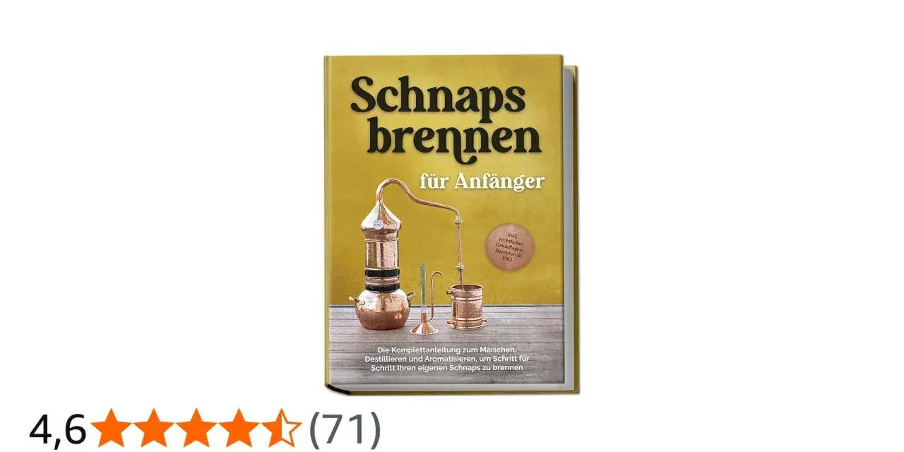 Buchcover "Schnaps brennen für Anfänger" mit Kupfer-Destillierkolben. Enthält Anleitungen und Rezepte zum Schnaps brennen.