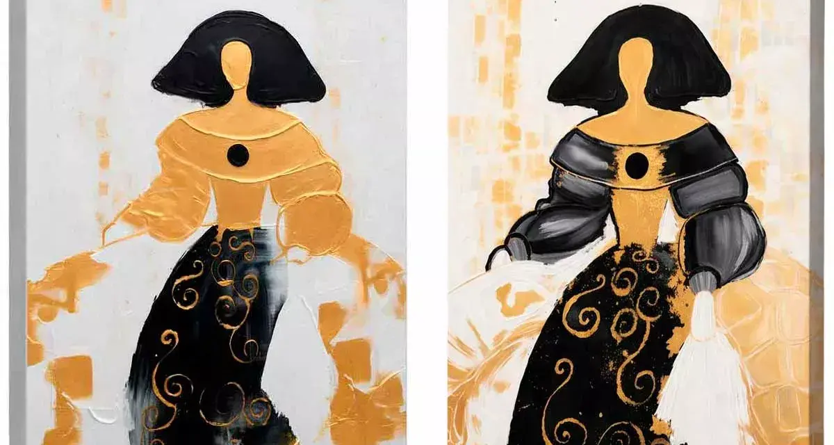 Dos lienzos abstractos de figuras femeninas con vestidos dorados y negros. Arte moderno para hacer lienzo.