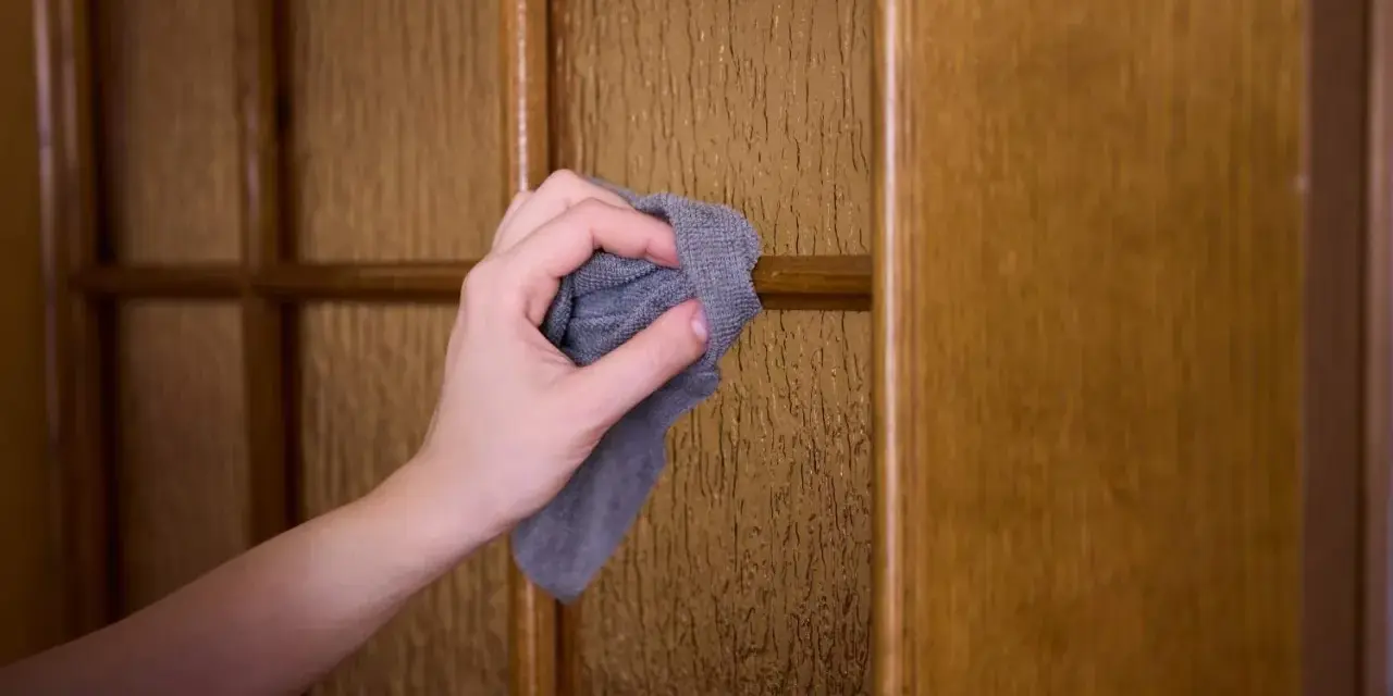Mano limpiando con paño gris una puerta de madera con paneles de vidrio texturizado. Guía práctica sobre como limpiar las puertas de madera.