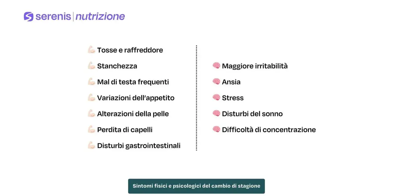Elenco di sintomi fisici e psicologici del cambio di stagione: tosse, stanchezza, mal di testa, irritabilità, ansia, stress, disturbi del sonno e concentrazione.