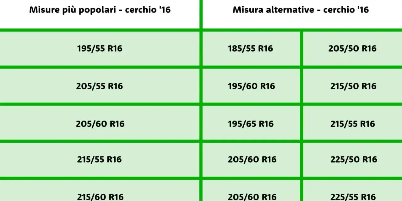 Tabella con misure pneumatici popolari e alternative per cerchi da 16 pollici. La larghezza pneumatico varia da 185 a 225 mm.