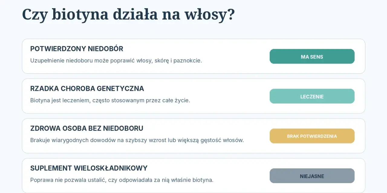 Dowody na działanie biotyny na włosy: uzupełnienie niedoboru ma sens, przy chorobach genetycznych to leczenie, a u zdrowych osób brak dowodów na szybszy wzrost.