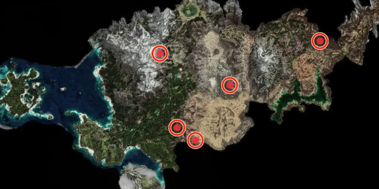 Mapa de los terrenos de caza de Horizon Forbidden West, con puntos rojos marcando ubicaciones clave para la aventura.