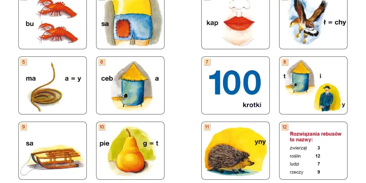Rebusy z obrazkami: dwa homary (bu), spodenki (sa), usta (kap), orzeł (ł=chy), sznur (ma, a=y), ul (ceb, a), liczba 100 (krotki), ul i pan (t, i, y), sanki (sa), gruszka (pie, g=t), jeż (yny). Rozwiązania rebusów to nazwy.
