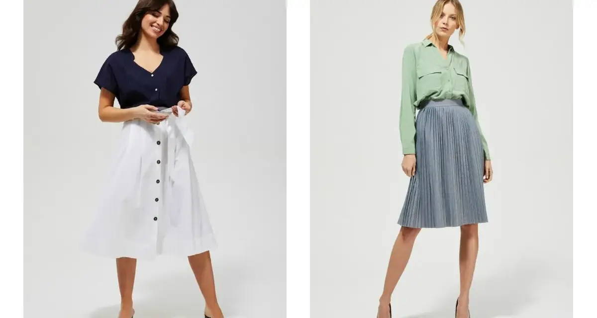 Dwie kobiety prezentują eleganckie stylizacje. Jedna w granatowej bluzce i białej spódnicy, druga w zielonej koszuli i niebieskiej spódnicy. To inspiracja, jak stworzyć odpowiedni dress code.