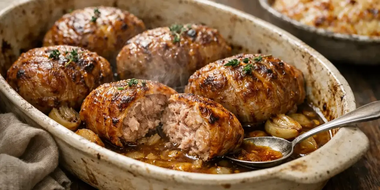 Six savoureuses crepinettes de porc dorées, servies dans un plat en terre cuite avec des oignons caramélisés et une sauce savoureuse.