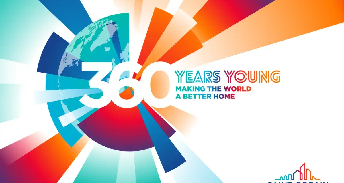 360 lat Saint-Gobain: "Making the World a Better Home". Kolorowa grafika z globusem i promieniami.