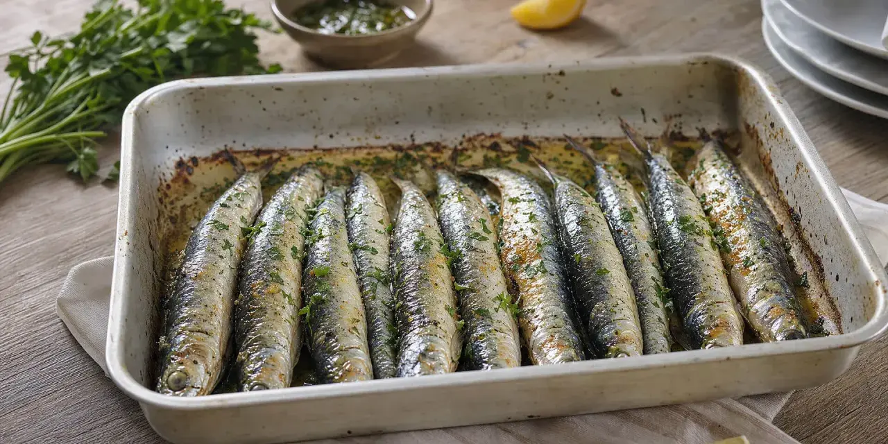 Sardinas al horno recién salidas del horno, con perejil picado y un toque de limón. ¡Un plato delicioso y saludable!
