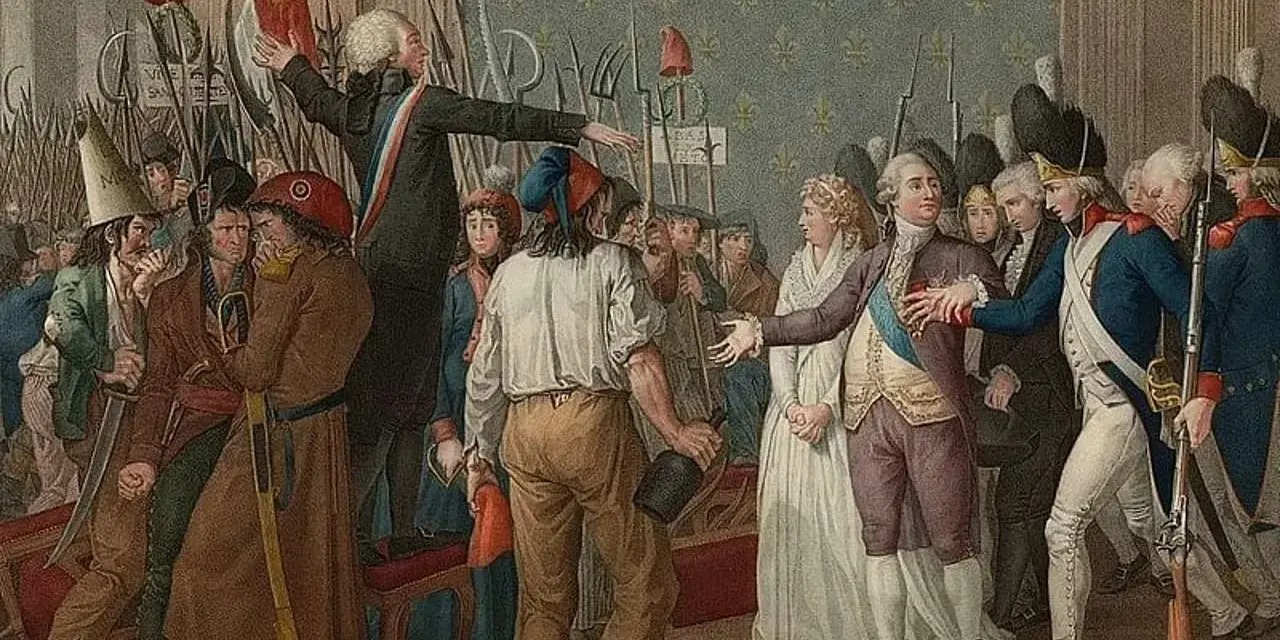 Multitud enardecida, con picas y gorros frigios, confronta a la realeza. Un líder con banda tricolor, símbolo de la Revolución Francesa, arenga.