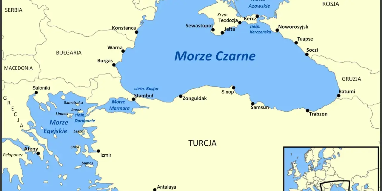 Bułgaria leży nad Morzem Czarnym. Mapa pokazuje wybrzeże z Warną i Burgas.