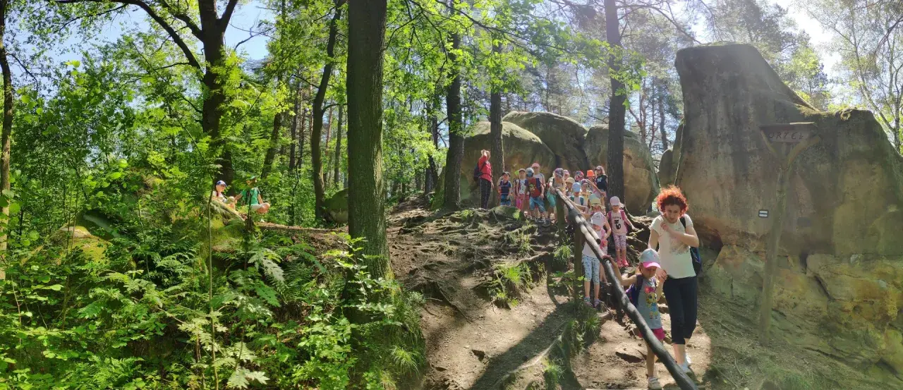 Grupa dzieci zwiedza skamieniałe miasto w lesie, wspinając się po kamienistym szlaku wśród drzew.