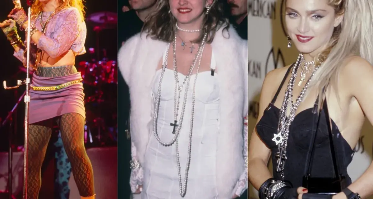 Ikony lat 80. w stylizacjach: Madonna na scenie i na czerwonym dywanie. Krótkie spódniczki, koronkowe bluzki, futra i mnóstwo biżuterii.