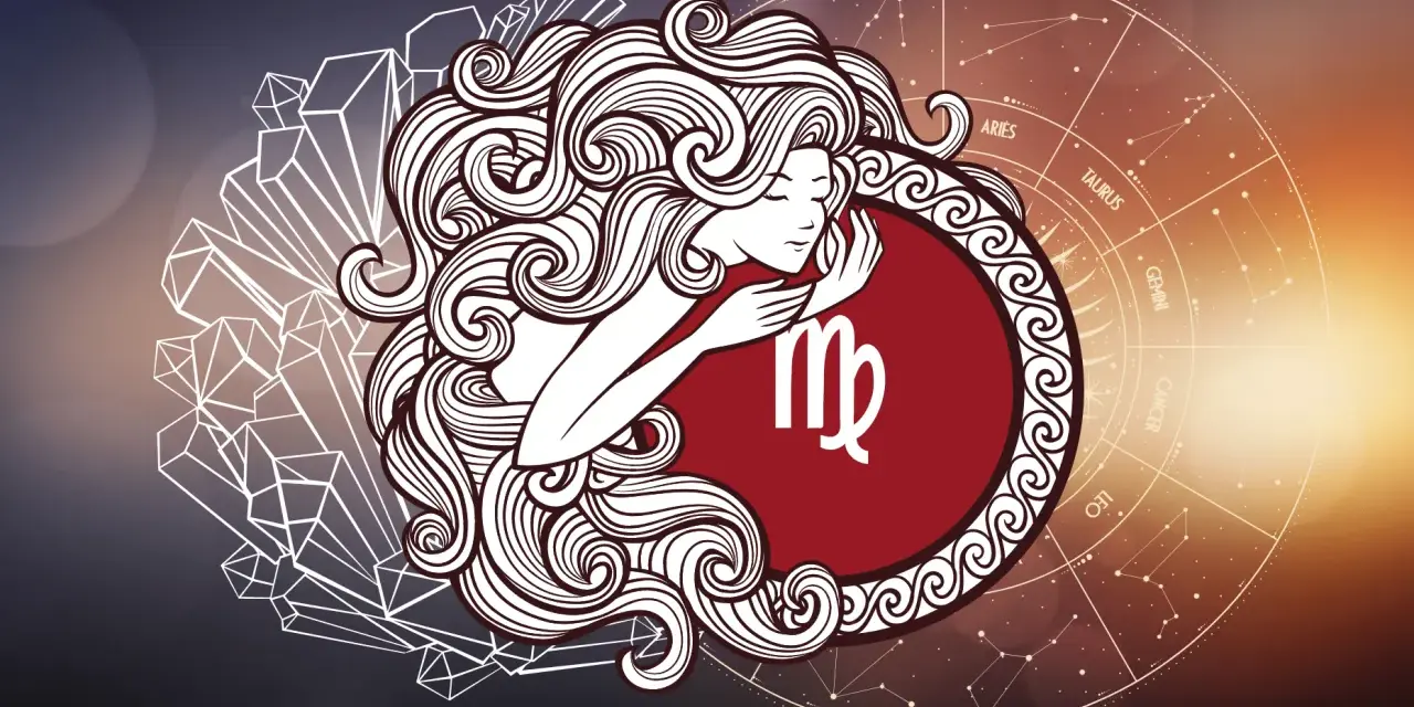 Symbol Panny, znaku zodiaku 4 września, otoczony spiralnymi włosami i kryształami. W tle koło zodiaku.