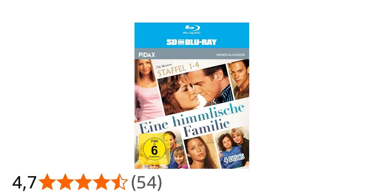 Blu-ray-Box "Eine himmlische Familie" mit Darstellern der Serie. Enthält Staffel 1-4 auf 4 Discs.