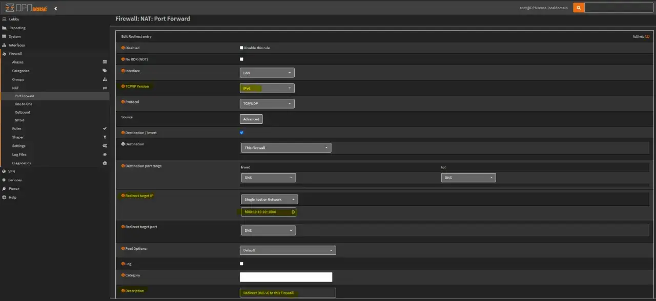 Konfiguration eines IPv4 DNS Servers: Portweiterleitung für TCP/UDP-Verkehr auf der LAN-Schnittstelle, um Anfragen an den Firewall-DNS weiterzuleiten.