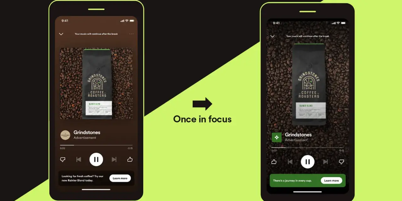 Spotify Canvas: Zwei Handy-Screens zeigen Werbung für Kaffee. Links ein Standard-Asset, rechts ein immersives Erlebnis.