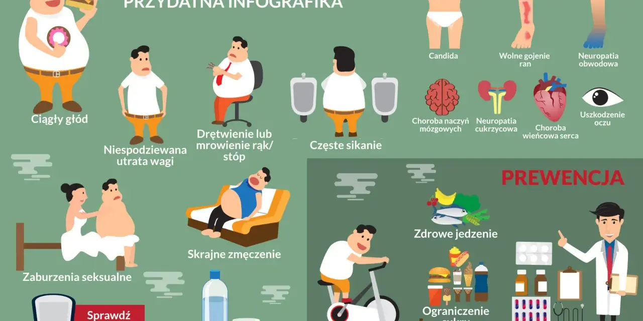 Objawy wysokiego cukru: ciągły głód, utrata wagi, drętwienie, zmęczenie, częste sikanie, pragnienie. Infografika pokazuje też powikłania i prewencję.
