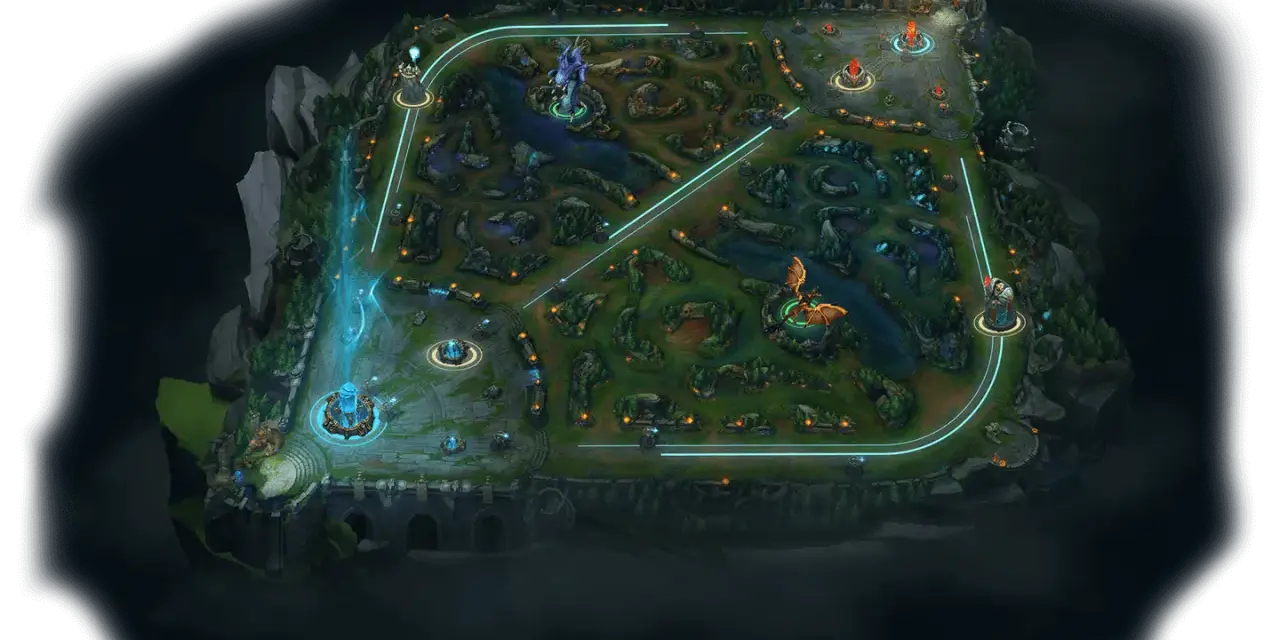 Mapa gry League of Legends z widocznymi ścieżkami, wieżami i bazami.