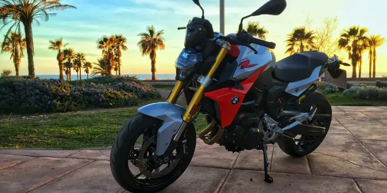 BMW F900R na tle palem i zachodzącego słońca. Idealny motocykl na wakacyjne przejażdżki.