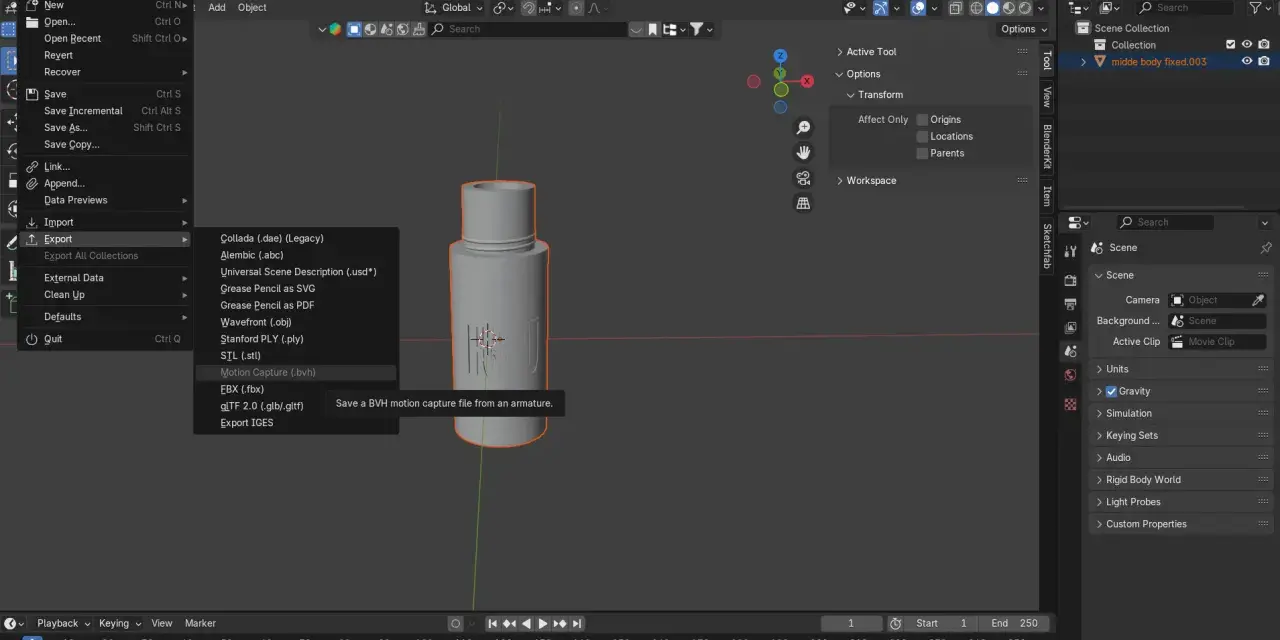 Wybieranie opcji "Motion Capture (.bvh)" z menu "Export" w programie Blender, aby zapisać plik stp.