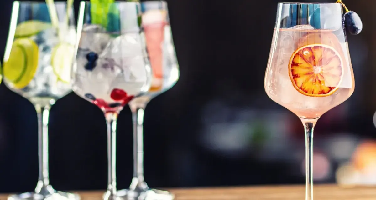 Orzeźwiające drinki na bazie ginu z owocami i lodem. Na pierwszym planie różowy gin z plasterkiem pomarańczy i winogronem.