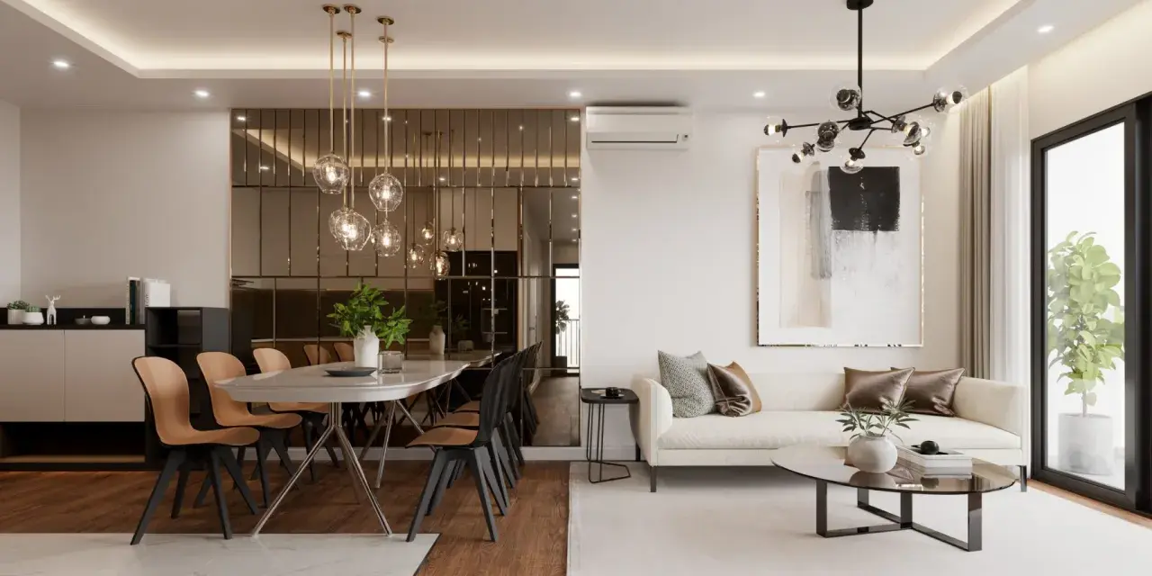 Nowoczesny bungalow z jadalnią i salonem. Lustrzana ściana odbija wiszące lampy, a wygodna sofa zaprasza do relaksu.