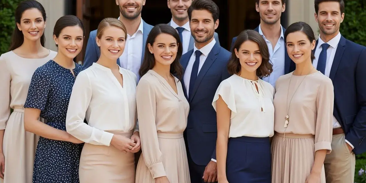 Elegancka grupa ludzi, która może posłużyć jako inspiracja, jak ubrać się do kościoła.