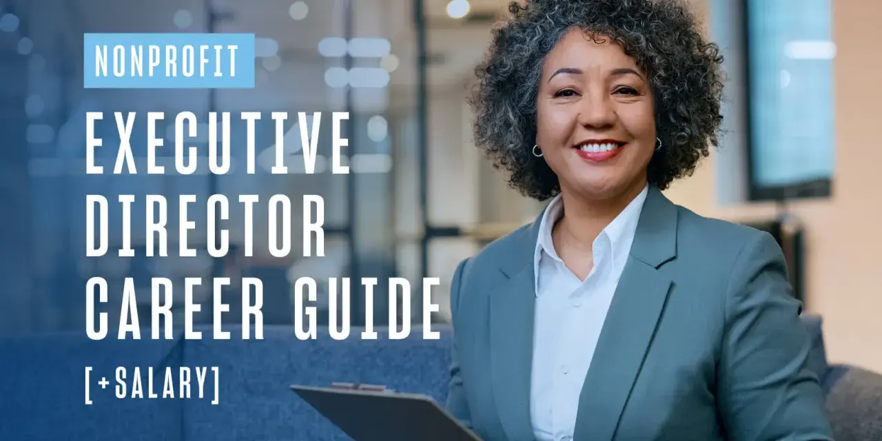 Smiling woman in a suit, with text "Nonprofit Executive Director Career Guide [+Salary]".