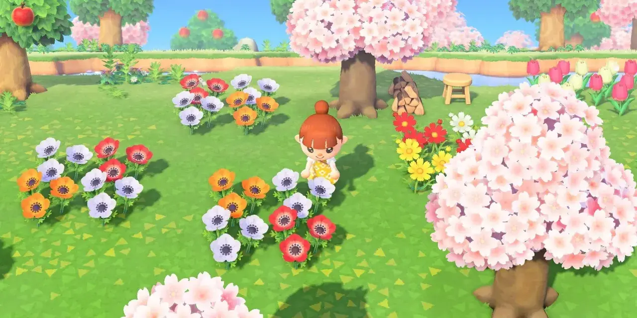 Una jugadora de Animal Crossing New Horizons admira un campo de flores de cerezo y anémonas de colores.