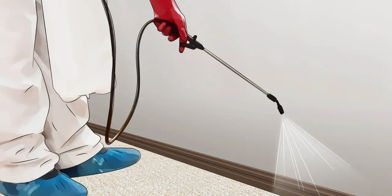 Persona con traje protector y guantes rojos rocía insecticida en la base de una pared para combatir plagas de pulgas.