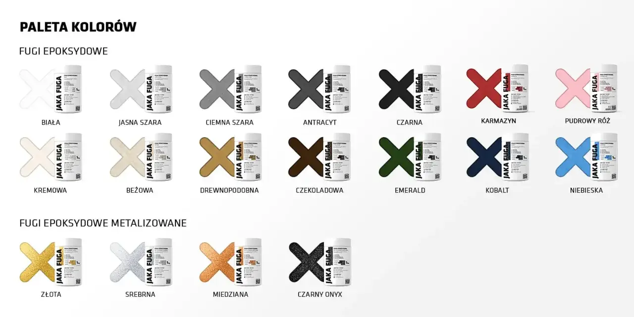 Paleta kolorów fug epoksydowych i metalizowanych. Jaka fuga? Biała, szara, kremowa, beżowa, drewnopodobna, czekoladowa, karmazyn, pudrowy róż, kobalt, niebieska, złota, srebrna, miedziana, czarny onyks.