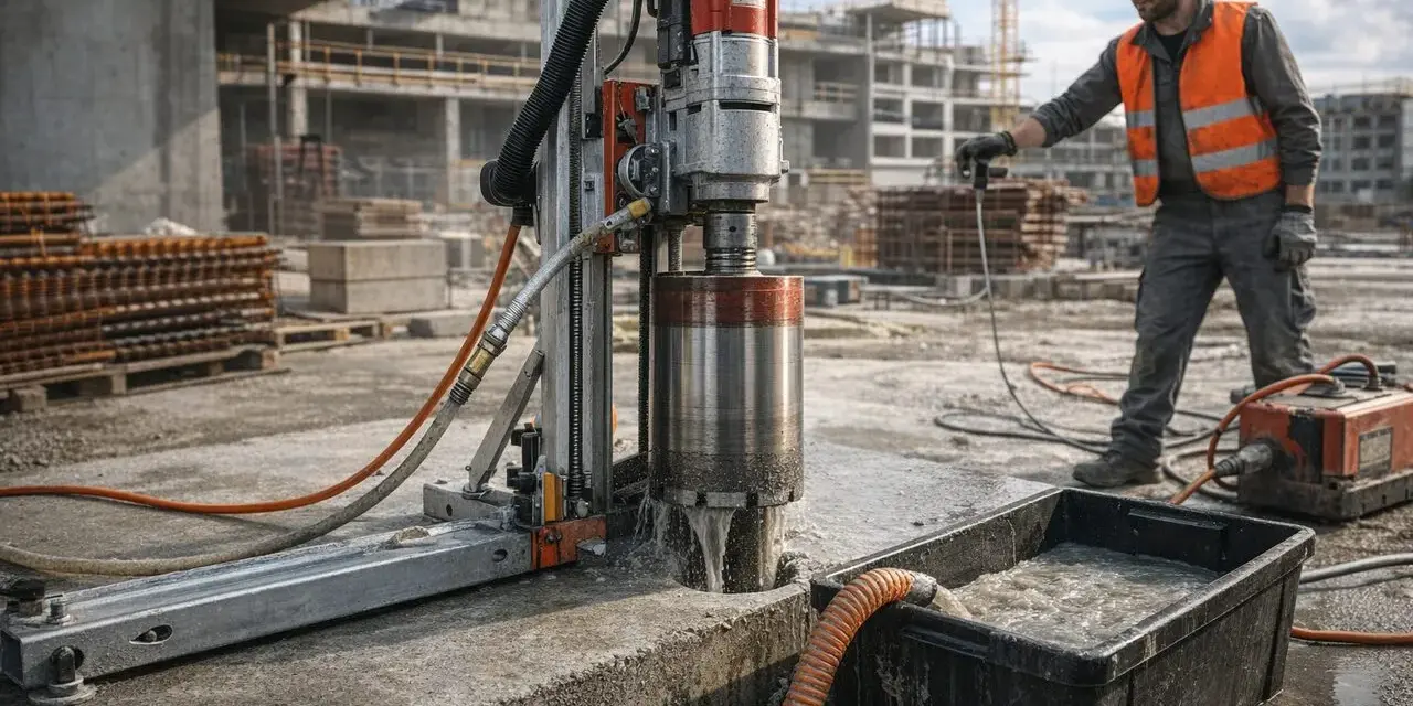Robot budowlany wykonuje wiercenie dużych otworów w ścianie. Woda chłodzi wiertło i odprowadzana jest do pojemnika.